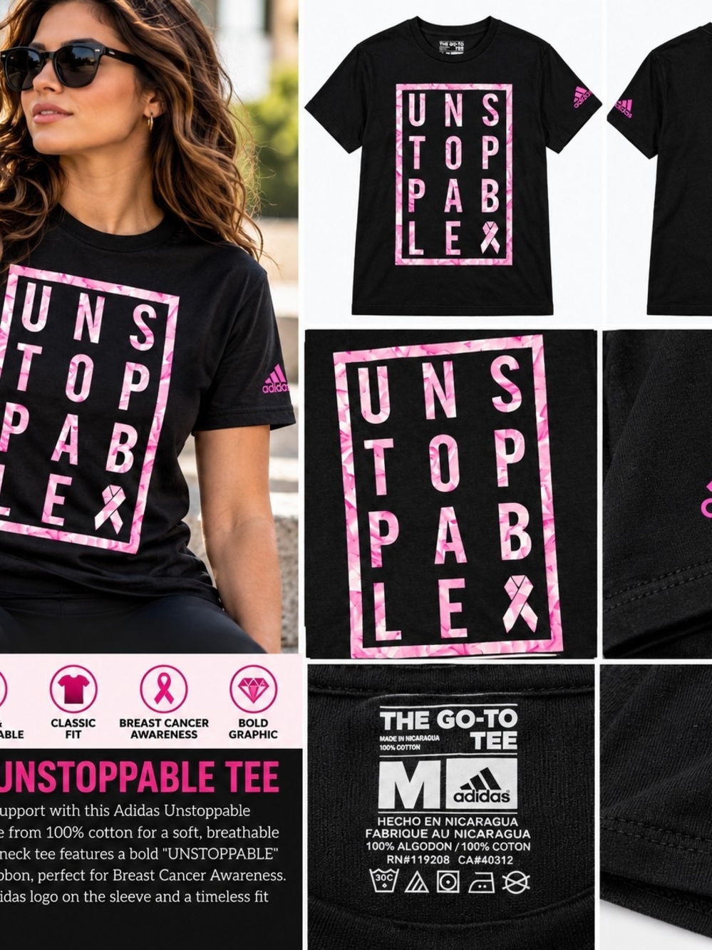 adidas Black Tee with Pink 'UNSTOPPABLE' Graphic
